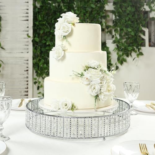 18" Round Silver Crystal Cake Stand - Large Mirror Glass Top Metal Dessert Display with Hanging Beads for Tiered