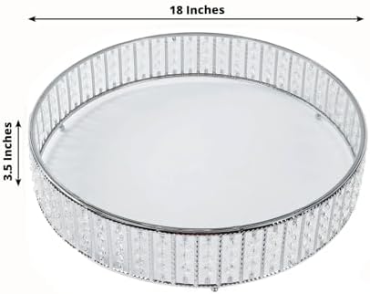 18" Round Silver Crystal Cake Stand - Large Mirror Glass Top Metal Dessert Display with Hanging Beads for Tiered, alternate