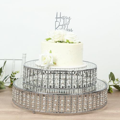 18" Round Silver Crystal Cake Stand - Large Mirror Glass Top Metal Dessert Display with Hanging Beads for Tiered, alternate