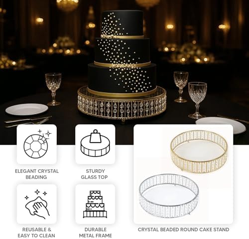18" Round Silver Crystal Cake Stand - Large Mirror Glass Top Metal Dessert Display with Hanging Beads for Tiered, alternate