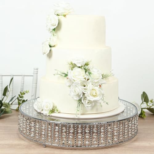 18" Round Silver Crystal Cake Stand - Large Mirror Glass Top Metal Dessert Display with Hanging Beads for Tiered, alternate