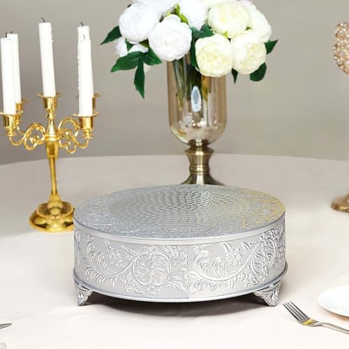 18" Silver Round Embossed Metal Cake Plateau Stand, Wedding Dessert Table Display Riser in Silver