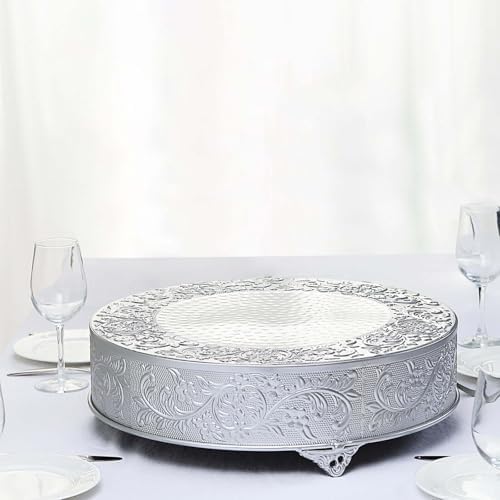 18" Silver Round Embossed Metal Cake Plateau Stand, Wedding Dessert Table Display Riser in Silver, alternate view 3