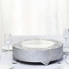 18" Silver Round Embossed Metal Cake Plateau Stand, Wedding Dessert Table Display Riser in Silver, alternate view 3
