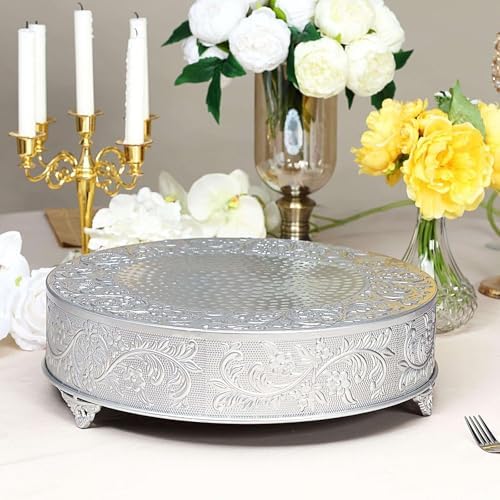 18" Silver Round Embossed Metal Cake Plateau Stand, Wedding Dessert Table Display Riser in Silver, alternate view 6