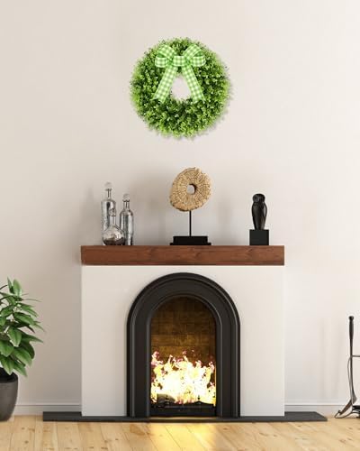 18'' Small Boxwood Wreaths for Front Door, Artificial Wreath with Green Bow for Front Door Wall Window Decor, alternate view