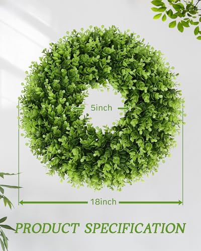 18'' Small Boxwood Wreaths for Front Door, Artificial Wreath with Green Bow for Front Door Wall Window Decor, alternate view