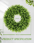 18'' Small Boxwood Wreaths for Front Door, Artificial Wreath with Green Bow for Front Door Wall Window Decor, alternate view