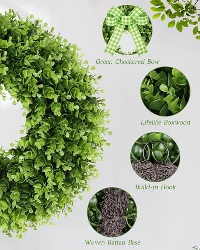18'' Small Boxwood Wreaths for Front Door, Artificial Wreath with Green Bow for Front Door Wall Window Decor, alternate view
