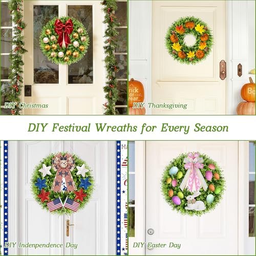 18'' Small Boxwood Wreaths for Front Door, Artificial Wreath with Green Bow for Front Door Wall Window Decor, alternate view