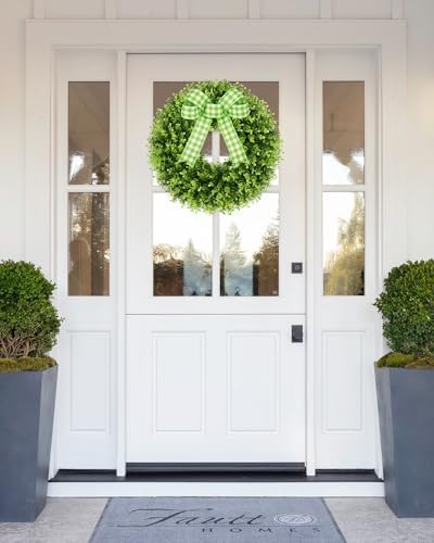 18'' Small Boxwood Wreaths for Front Door, Artificial Wreath with Green Bow for Front Door Wall Window Decor, alternate view
