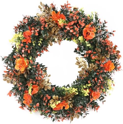 18'' Spring Wreath for Front Door with Artificial Flowers Green Leaves, Floral Wall Decor for Farmhouse Home