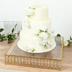 18" Square Gold Crystal Cake Stand - Large Mirror Glass Top Metal Dessert Display with Hanging Beads for Tiered
