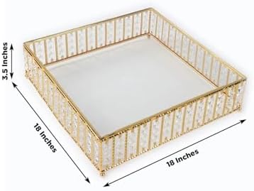 18" Square Gold Crystal Cake Stand - Large Mirror Glass Top Metal Dessert Display with Hanging Beads for Tiered, alternate
