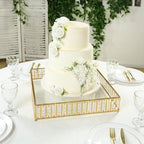 18" Square Gold Crystal Cake Stand - Large Mirror Glass Top Metal Dessert Display with Hanging Beads for Tiered, alternate