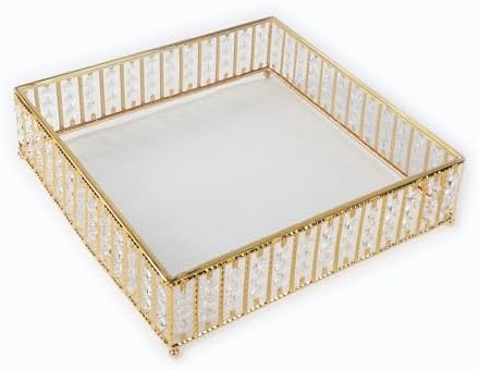 18" Square Gold Crystal Cake Stand - Large Mirror Glass Top Metal Dessert Display with Hanging Beads for Tiered, alternate