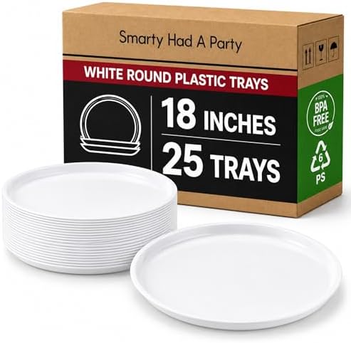 18" White Round Plastic Serving Trays, 25 Count Heavy Duty Disposable Serving Platters, Large Vegetable Platter