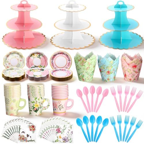 187 Pcs Floral Tea Party Set Disposable Paper Dinnerware Serves Include Floral Paper Cups Saucers, Cupcake
