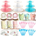 187 Pcs Floral Tea Party Set Disposable Paper Dinnerware Serves Include Floral Paper Cups Saucers, Cupcake