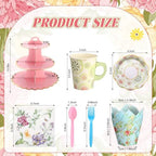 187 Pcs Floral Tea Party Set Disposable Paper Dinnerware Serves Include Floral Paper Cups Saucers, Cupcake, alternate view 2