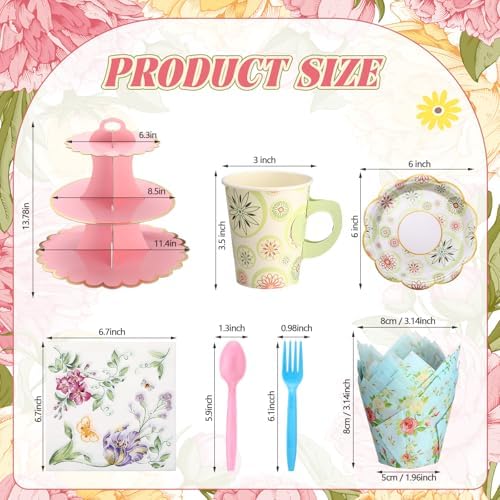187 Pcs Floral Tea Party Set Disposable Paper Dinnerware Serves Include Floral Paper Cups Saucers, Cupcake, alternate view 2