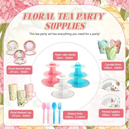 187 Pcs Floral Tea Party Set Disposable Paper Dinnerware Serves Include Floral Paper Cups Saucers, Cupcake, alternate view 3
