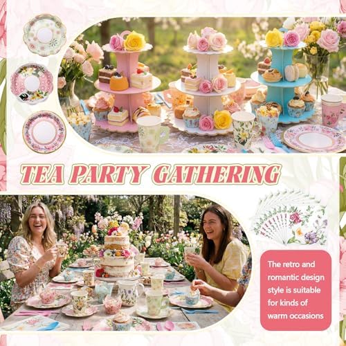 187 Pcs Floral Tea Party Set Disposable Paper Dinnerware Serves Include Floral Paper Cups Saucers, Cupcake, alternate view 4