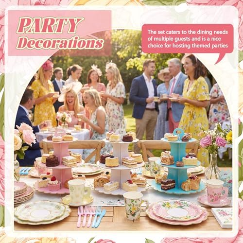 187 Pcs Floral Tea Party Set Disposable Paper Dinnerware Serves Include Floral Paper Cups Saucers, Cupcake, alternate view 5