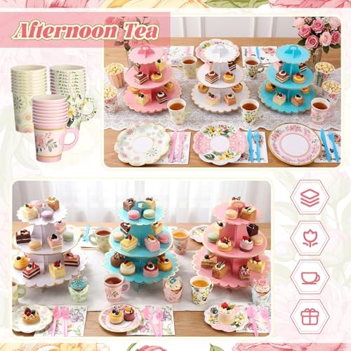 187 Pcs Floral Tea Party Set Disposable Paper Dinnerware Serves Include Floral Paper Cups Saucers, Cupcake, alternate view 6