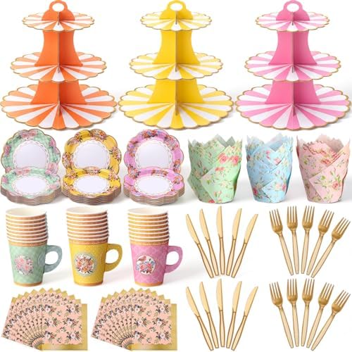 187 Pcs Floral Tea Party Set Disposable Paper Dinnerware Serves Include Floral Paper Cups Saucers, Cupcake