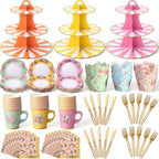 187 Pcs Floral Tea Party Set Disposable Paper Dinnerware Serves Include Floral Paper Cups Saucers, Cupcake