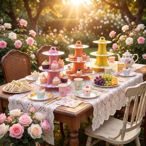187 Pcs Floral Tea Party Set Disposable Paper Dinnerware Serves Include Floral Paper Cups Saucers, Cupcake, alternate view 2