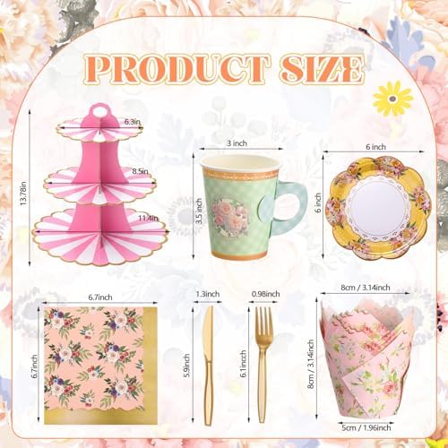 187 Pcs Floral Tea Party Set Disposable Paper Dinnerware Serves Include Floral Paper Cups Saucers, Cupcake, alternate view 3
