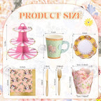187 Pcs Floral Tea Party Set Disposable Paper Dinnerware Serves Include Floral Paper Cups Saucers, Cupcake, alternate view 3