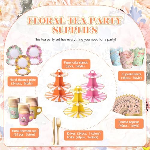 187 Pcs Floral Tea Party Set Disposable Paper Dinnerware Serves Include Floral Paper Cups Saucers, Cupcake, alternate view 4