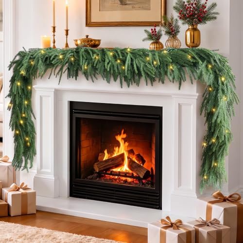 18FT (2 * 9FT) Norfolk Pine Garland with Lights, Prelit Christmas Garland, Waterproof Artificial Greenery for