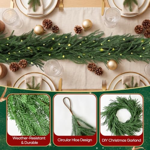 18FT (2 * 9FT) Norfolk Pine Garland with Lights, Prelit Christmas Garland, Waterproof Artificial Greenery for, alternate view