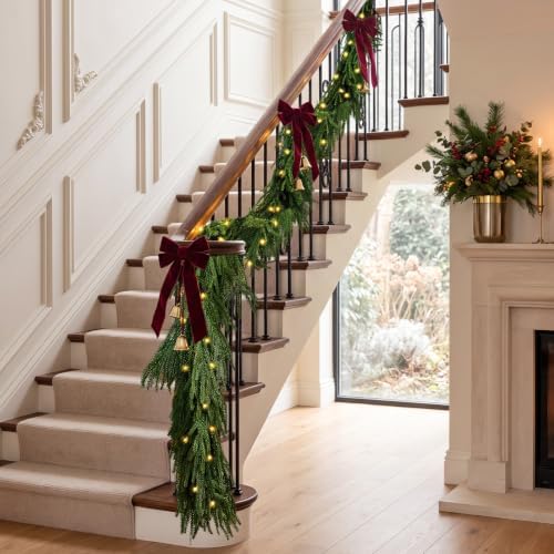 18FT (2 * 9FT) Norfolk Pine Garland with Lights, Prelit Christmas Garland, Waterproof Artificial Greenery for, alternate view