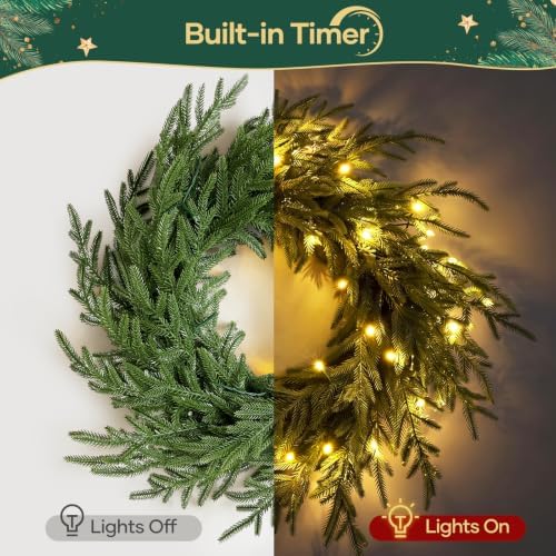18FT (2 * 9FT) Norfolk Pine Garland with Lights, Prelit Christmas Garland, Waterproof Artificial Greenery for, alternate view