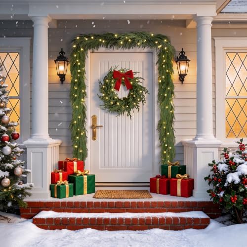 18FT (2 * 9FT) Norfolk Pine Garland with Lights, Prelit Christmas Garland, Waterproof Artificial Greenery for, alternate view