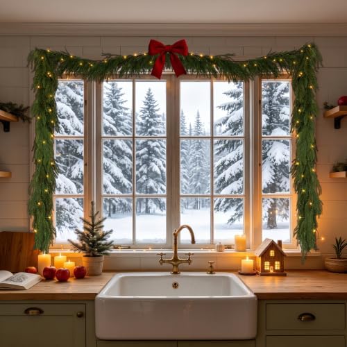 18FT (2 * 9FT) Norfolk Pine Garland with Lights, Prelit Christmas Garland, Waterproof Artificial Greenery for, alternate view
