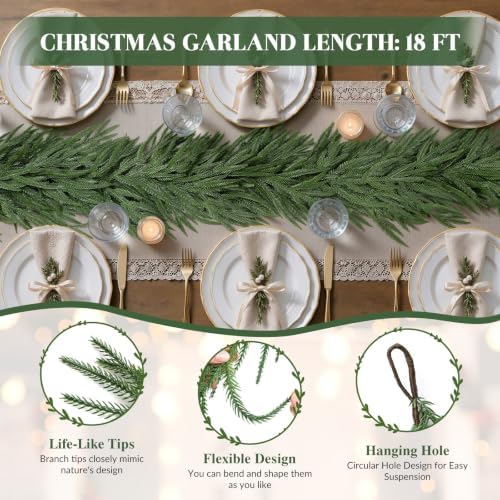 18FT Christmas Garland, Artificial Real Touch Norfolk Pine Garland in Green, alternate view 2