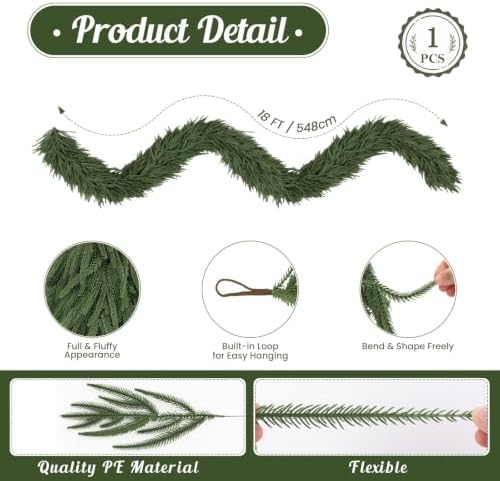 18FT Christmas Norfolk Pine Garland, Real Touch Soft Mantel Decor, alternate view 4