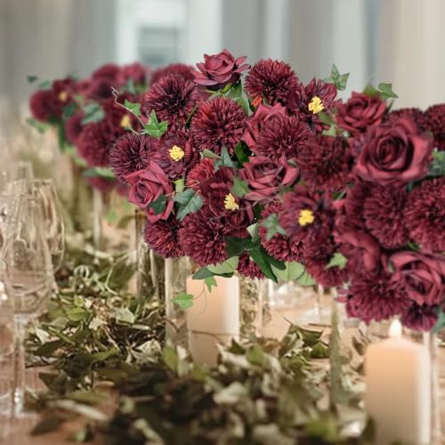 18PCS Burgundy Flowers Artificial, Silk Faux Chrysanthemum Flower Bouquets, alternate view 3