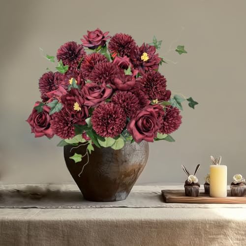 18PCS Burgundy Flowers Artificial, Silk Faux Chrysanthemum Flower Bouquets, alternate view 6