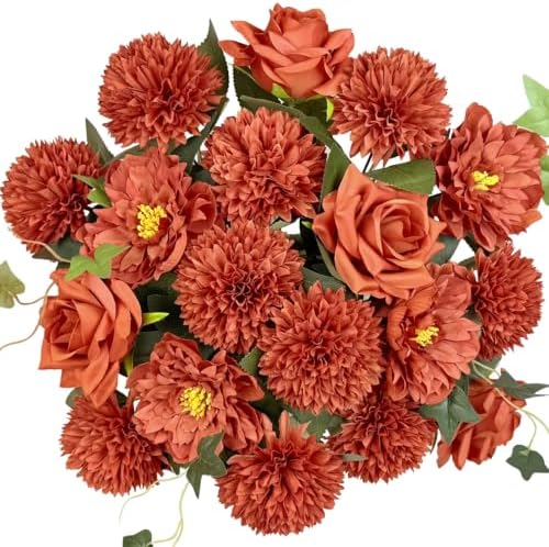 18PCS Burnt Orange Artificial Flowers, Fall Faux Chrysanthemum Bouquets