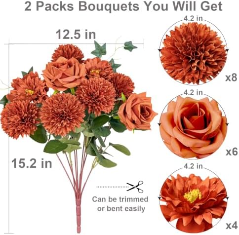 18PCS Burnt Orange Artificial Flowers, Fall Faux Chrysanthemum Bouquets, alternate view 2