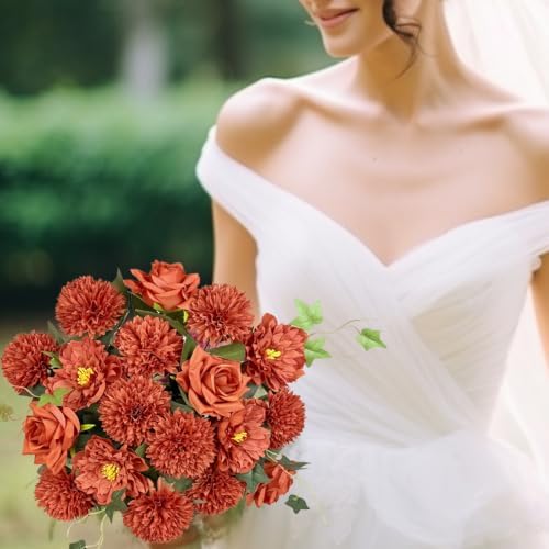18PCS Burnt Orange Artificial Flowers, Fall Faux Chrysanthemum Bouquets, alternate view 3