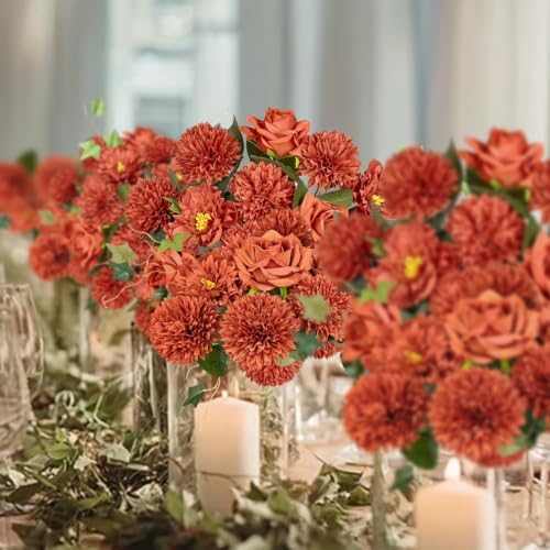 18PCS Burnt Orange Artificial Flowers, Fall Faux Chrysanthemum Bouquets, alternate view 4