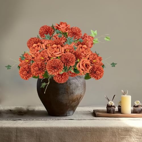 18PCS Burnt Orange Artificial Flowers, Fall Faux Chrysanthemum Bouquets, alternate view 6